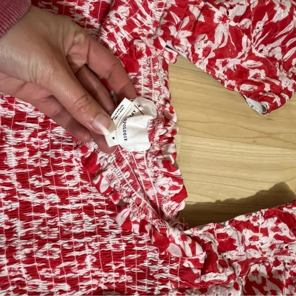 Anthropologie Smocked Eyelet Top Red Floral Blouse Size Medium